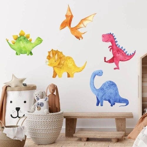 Flotte håndtegnede dinosaurer i akvarel wallstickers til børneværelset