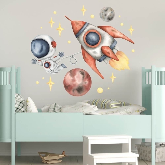 Wallstickers akvarel med astronaut i rumraketplaneter og stjerner