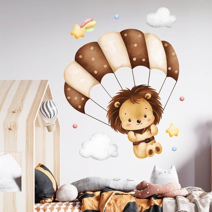 Wallsticker Akvarel Illustration Baby løve flyver med faldskærm