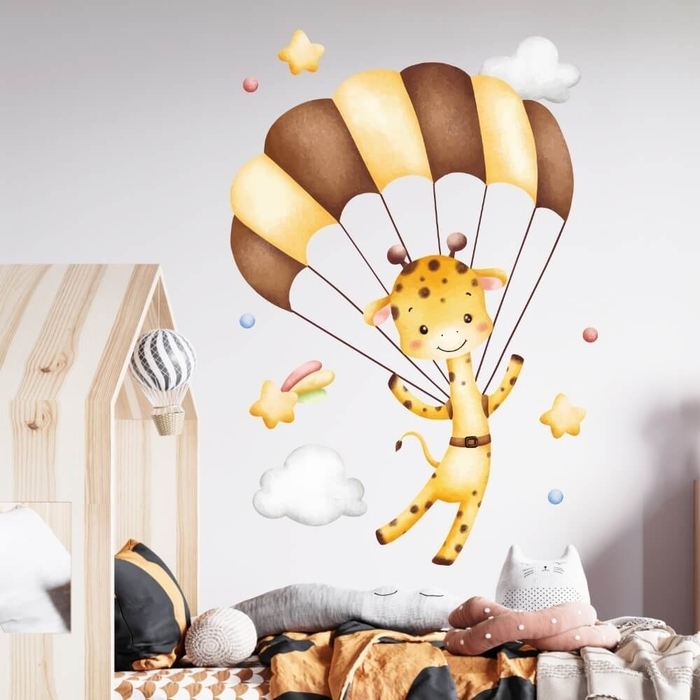 Wallsticker Akvarel Illustration Baby giraf flyver med faldskærm