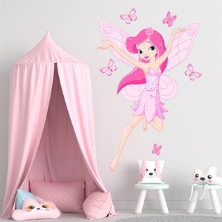 wallstickers med super sød dansende fe i flotte lyserøde og pink farve med sommerfugle