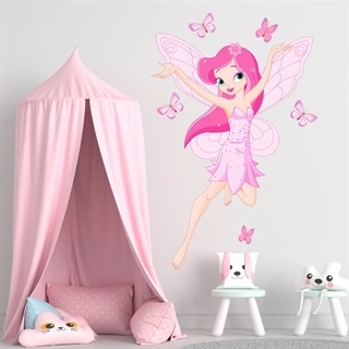 wallstickers med super sød dansende fe i flotte lyserøde og pink farve med sommerfugle