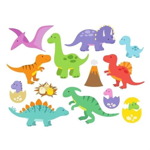 Wallstickers med mange søde dinoer og små unger i æg 
