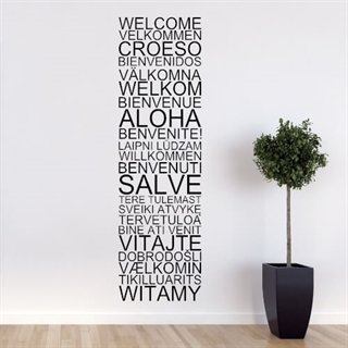 Her her du en wallsticker der siger velkommen på mange forskellige sprog