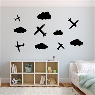 Flyv af sted med denne wallstickers med flyvemaskiner og skyer  